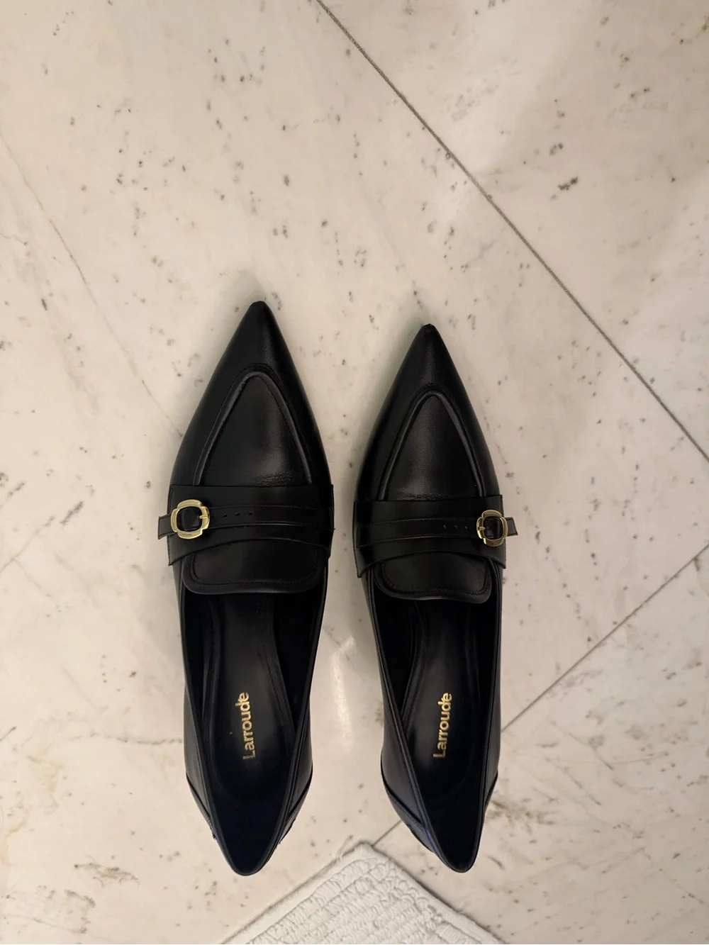 Larroude Black Pointed Toe Loafers with Gold Buckle Accent